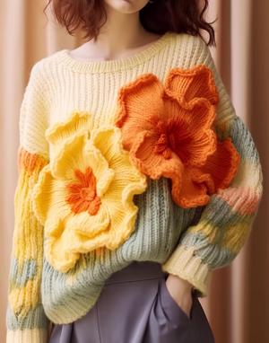Голубий в"язаний светр з об"ємними квітами-339
